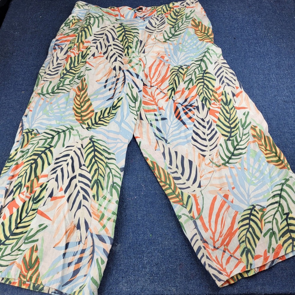 Tahari Women 1X Linen Wide Leg Tropical Palm Print Pants Multicolor Summer Boho